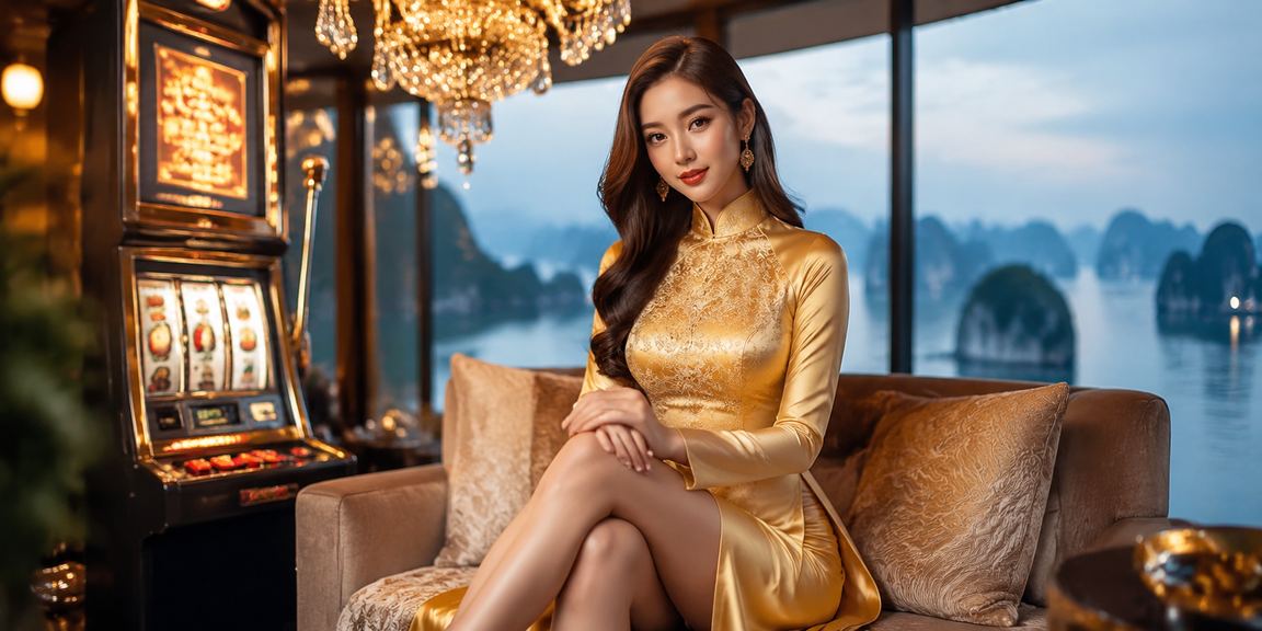 Phụ nữ Việt Nam chơi slot game trực tuyến với phong cảnh Vịnh Hạ Long