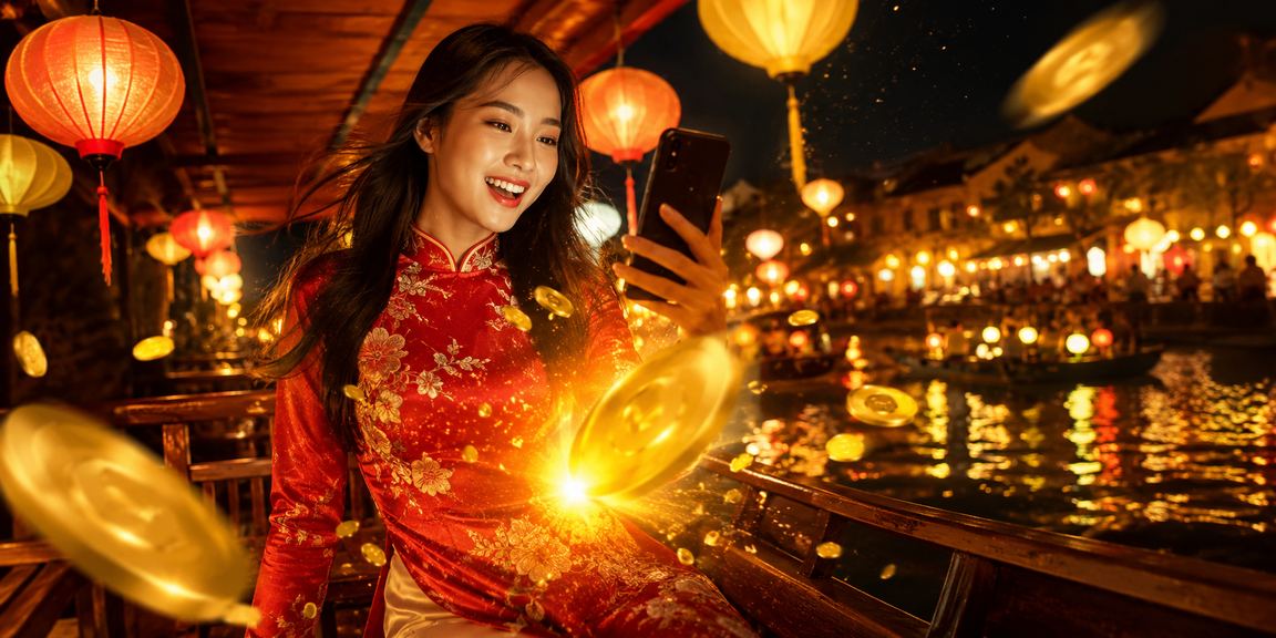Người dùng Hà Nội truy cập hh3tq trên điện thoại giữa không gian đèn lồng rực rỡ