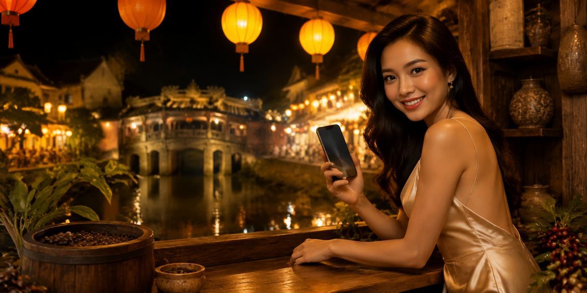 Người dùng VIP hh3tq tại Hội An thưởng thức cà phê và kiểm tra tài khoản trên điện thoại